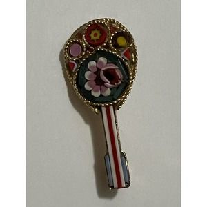 Vintage Colorful Micro Mosaic/Gold Floral Pin Brooch